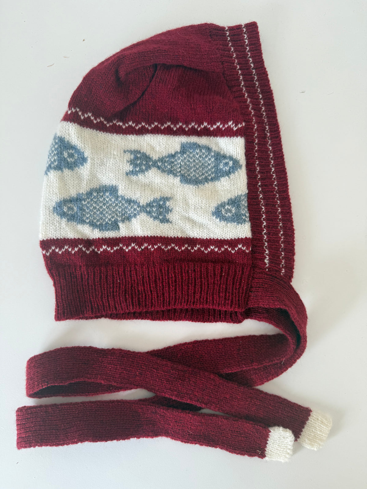 Lambswool Winter Bonnet with ties - Burgundy, Blue and White