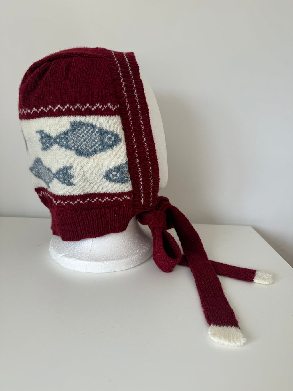 Lambswool Winter Bonnet with ties - Burgundy, Blue and White