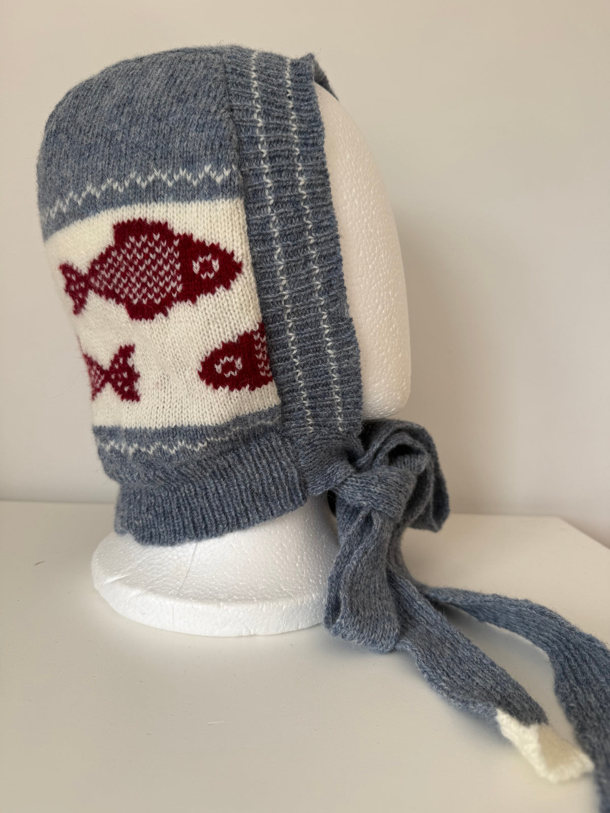 Lambswool Winter Bonnet with ties - Burgundy, Blue and White
