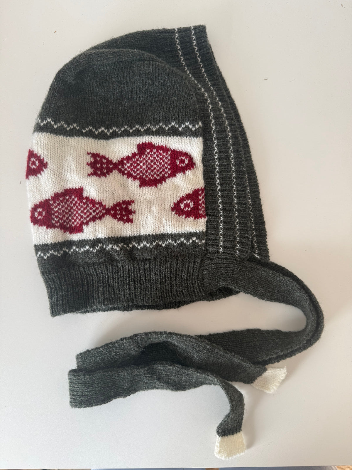 Lambswool Winter Bonnet with ties - Burgundy, Blue and White