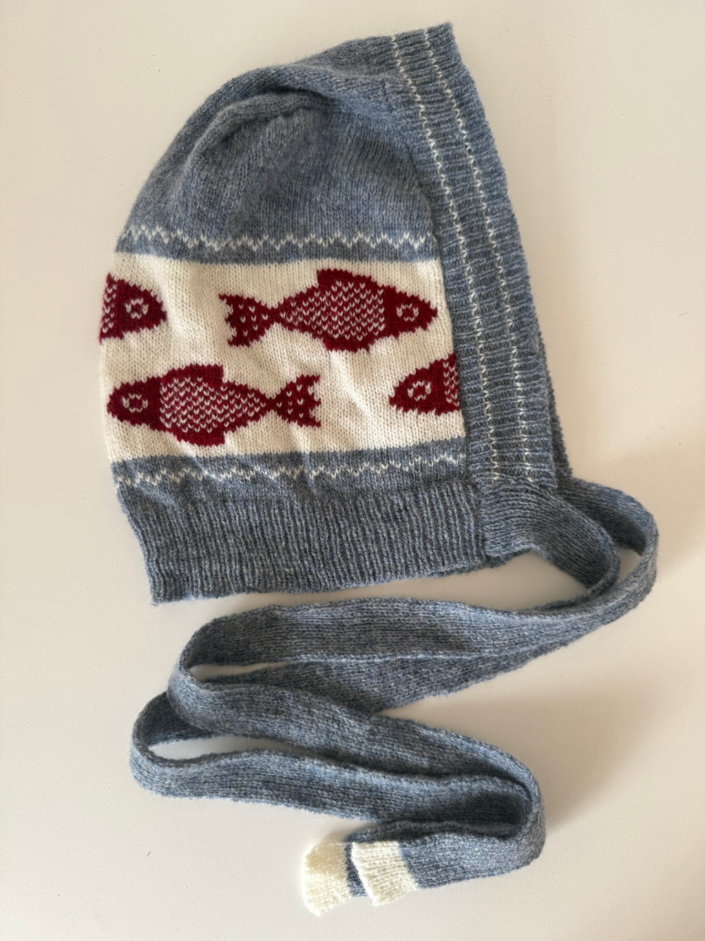 Lambswool Winter Bonnet with ties - Burgundy, Blue and White
