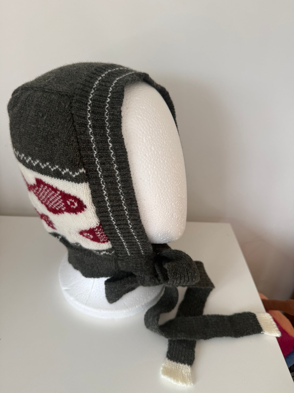 Lambswool Winter Bonnet with ties - Burgundy, Blue and White