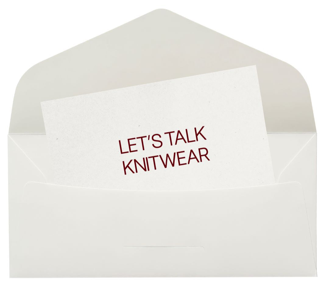 White card with 'LET'S TALK KNITWEAR' text inside an open white envelope.