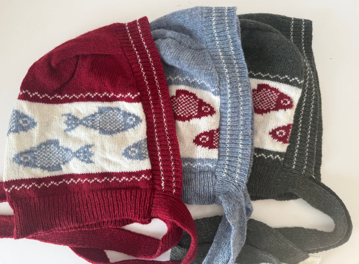 Lambswool Winter Bonnet with ties - Burgundy, Blue and White