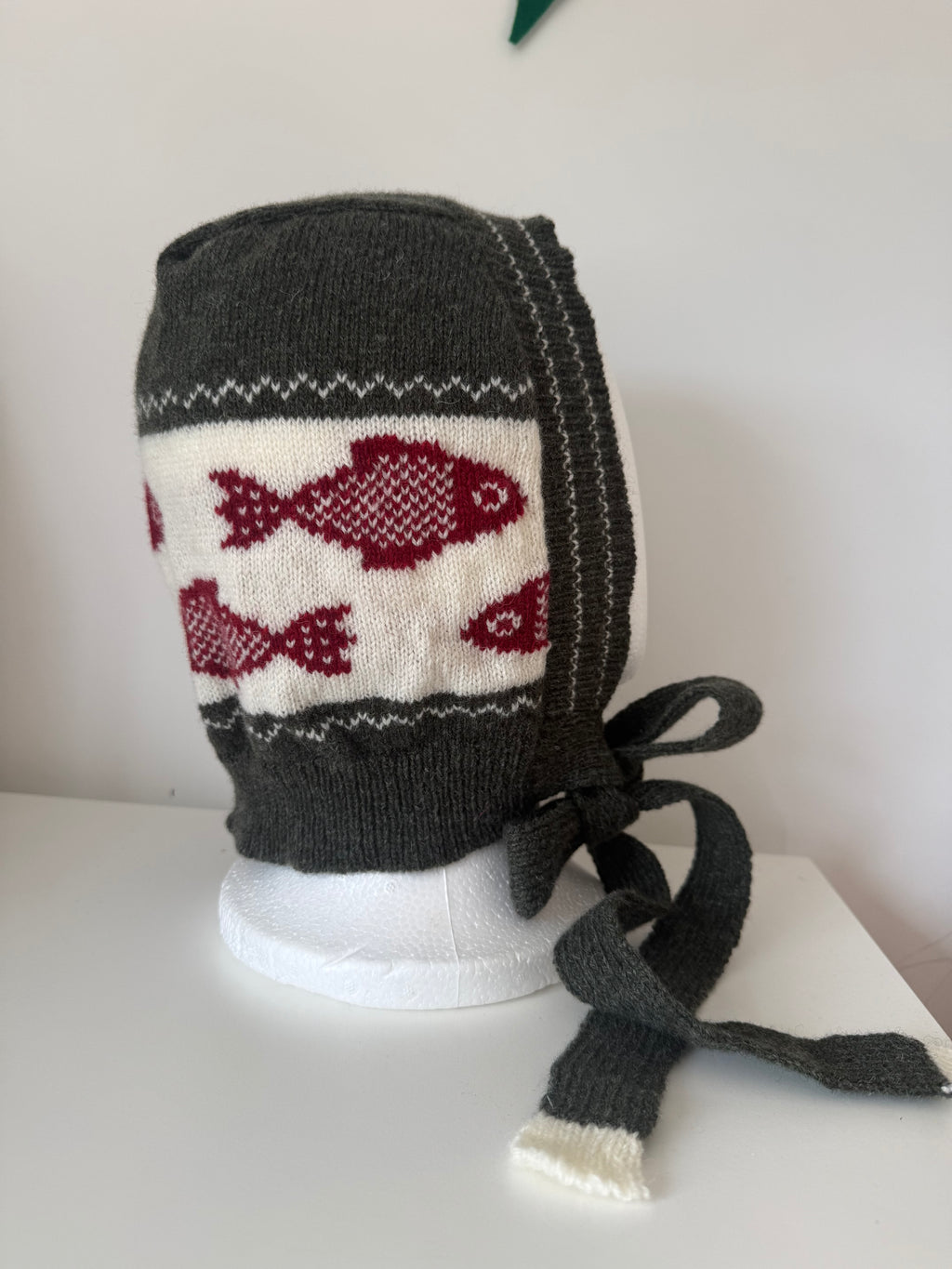 Lambswool Winter Bonnet with ties - Burgundy, Blue and White