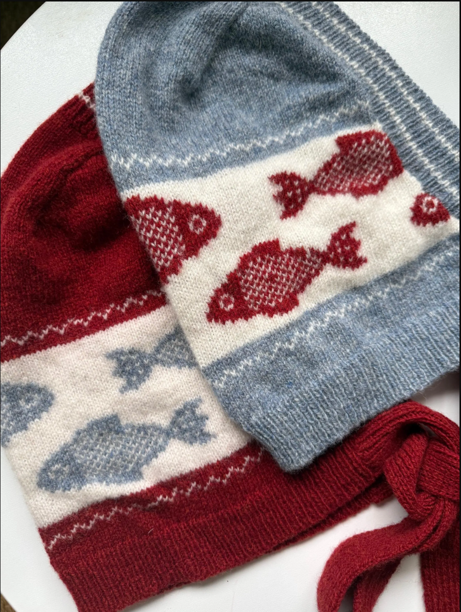 Lambswool Winter Bonnet with ties - Burgundy, Blue and White