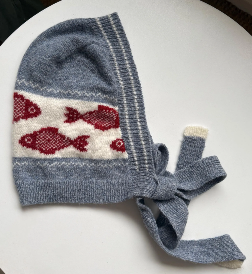 Lambswool Winter Bonnet with ties - Burgundy, Blue and White