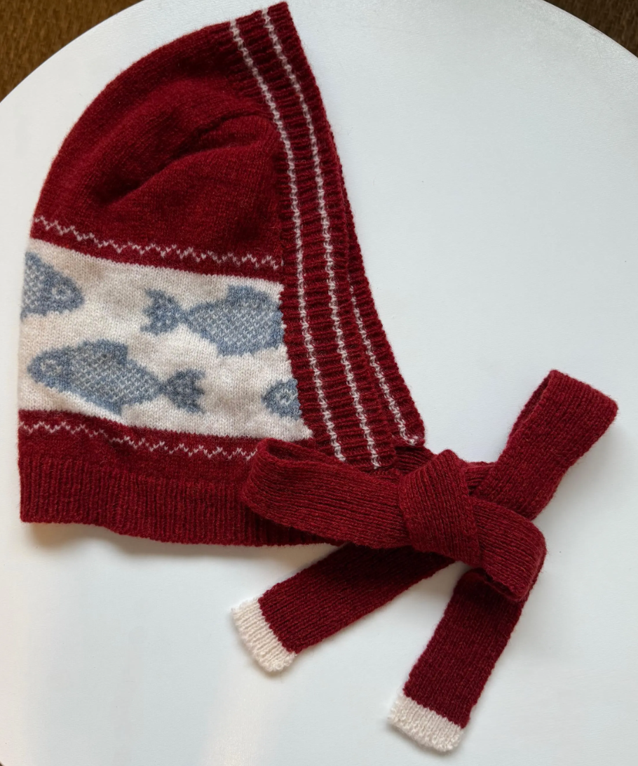 Lambswool Winter Bonnet with ties - Burgundy, Blue and White